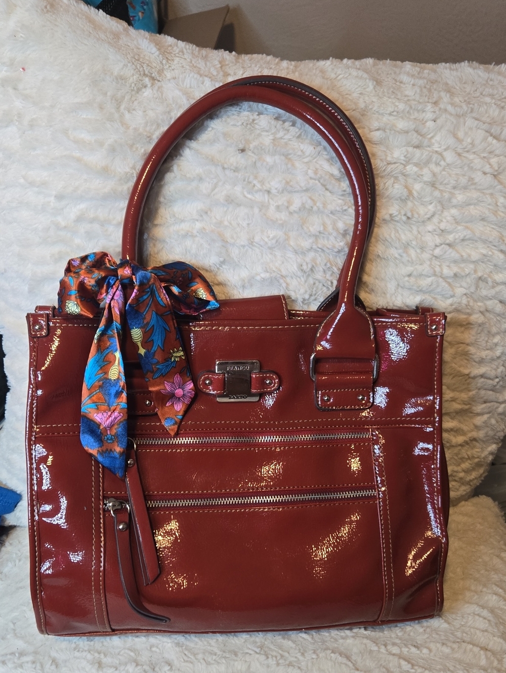 Franco Sarto Patent Red Tote with Floral Scarf Accent EUC